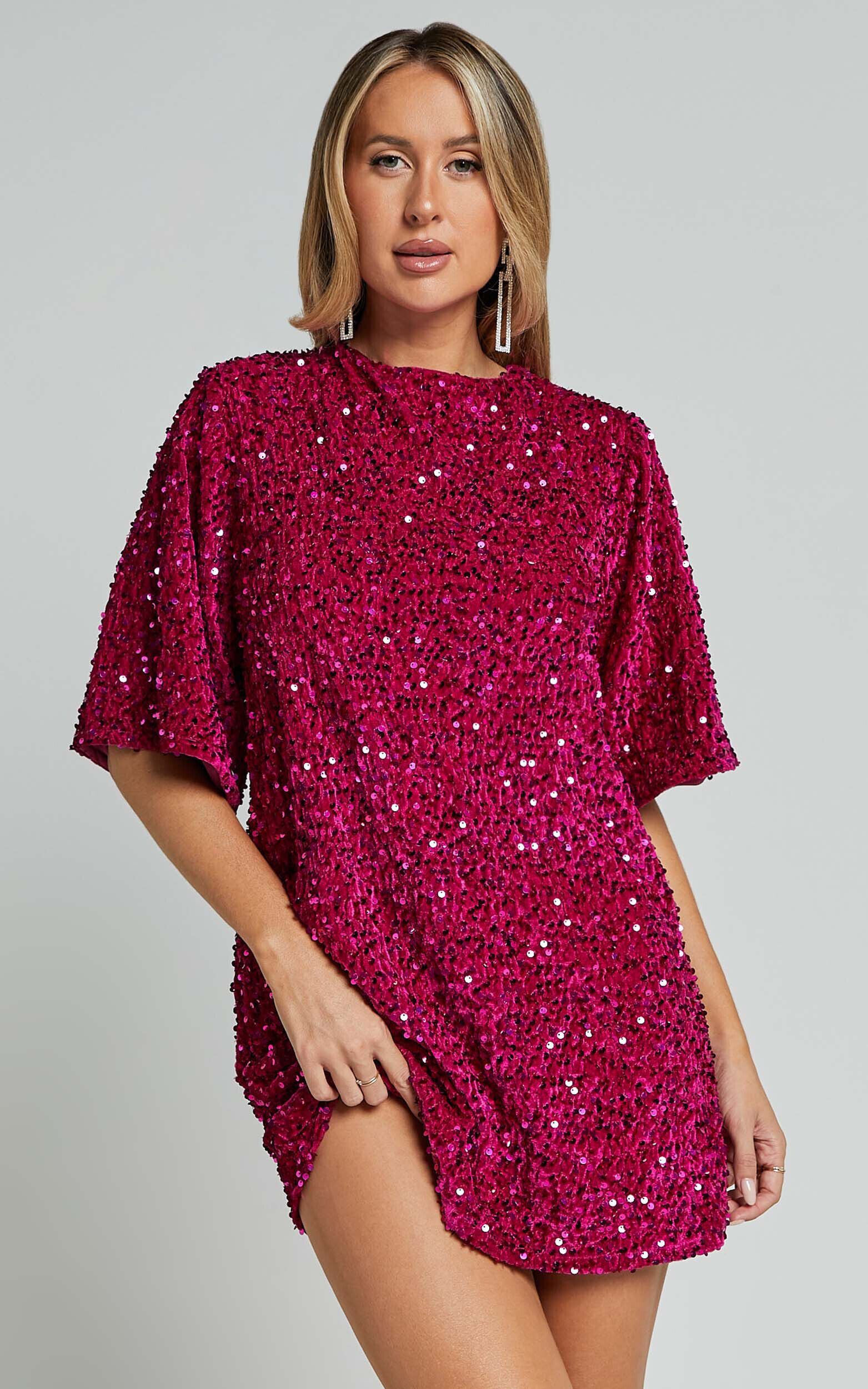Valetta Mini Dress - Sequin low back shift dress in Hot Pink | Showpo USA