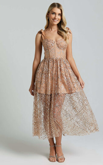 Rimea Midi Dress - Tie Shoulder Bustier Bodice Glitter Tulle Dress in Gold