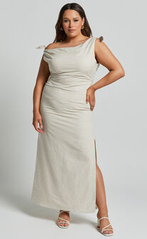 Cincinnati Midi Dress - Off The Shoulder Side Split Column Linen Look Dress in Beige