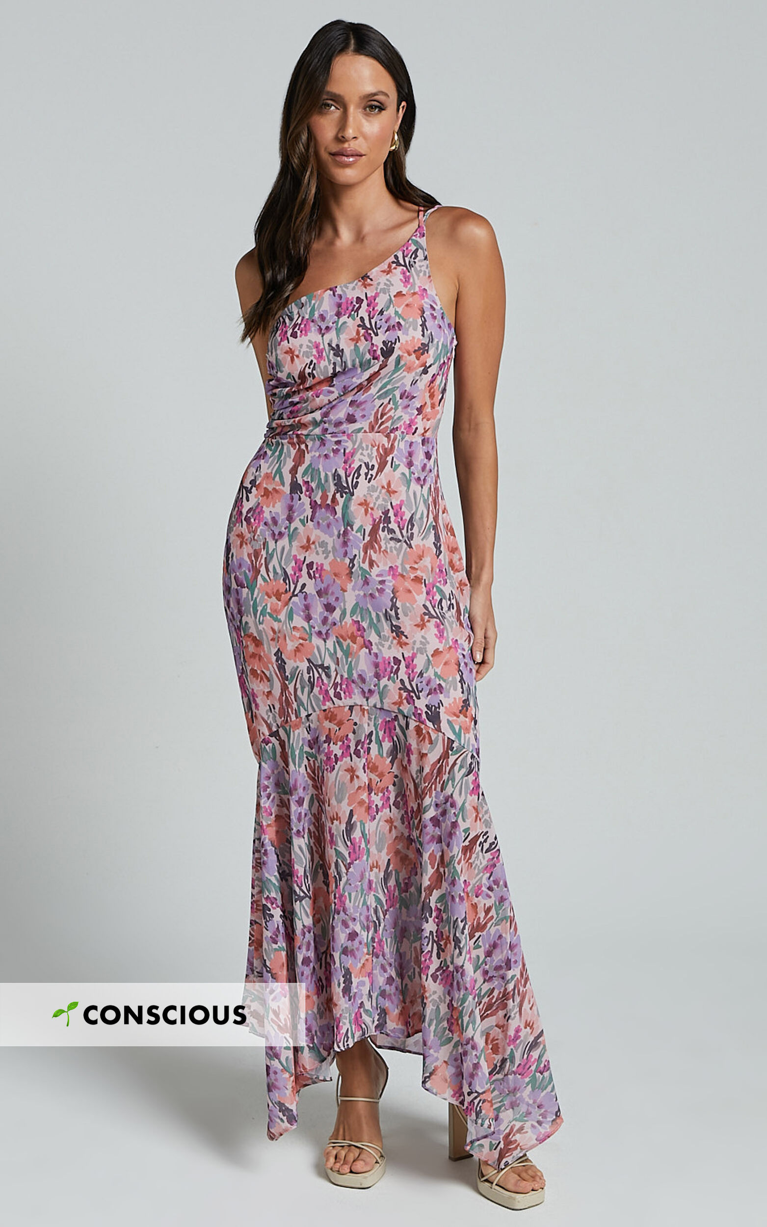 Valentina Midi Dress One Shoulder Mermaid Dress in Monet Floral Showpo USA