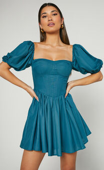 Souza Mini Dress - Fit and Flare Puff Sleeve Corset Dress in Jade Green