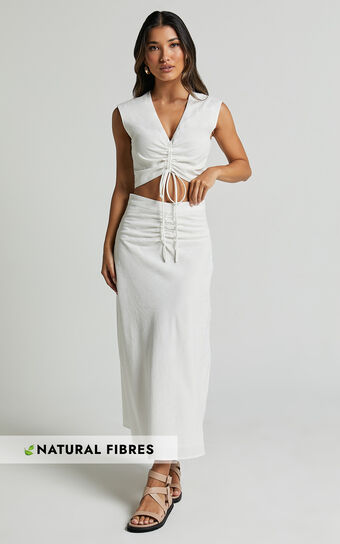 Devan Two Piece Set - Ruched Crop Top and A Line Midi Skirt Set in White Showpo
