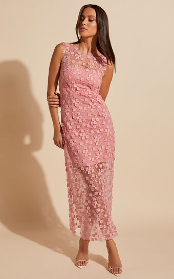 Hazel Midi Dress - 3D Flower Net Bodycon Dress in Pink