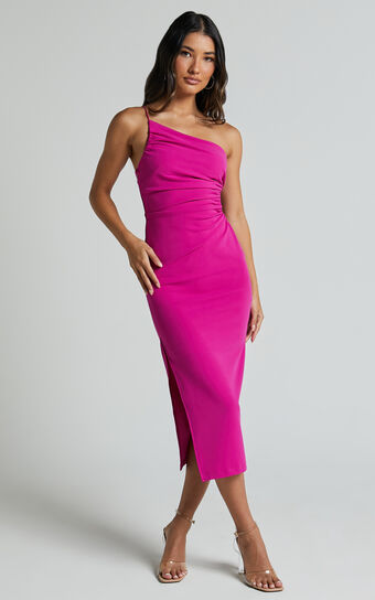 Cedrych Midi Dress - Side Cut Out Asymmetric Bodycon Dress in Fuschia