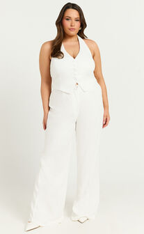 Linette Jumpsuit - Halter Neck Button Through Vest Tailored Wide Leg Jumpsuit in White