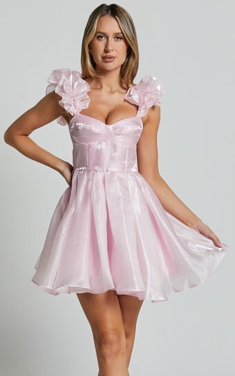 Amber Mini Dress Sleeveless Ruffle Detail Sweetheart Pleated in Pink No Brand