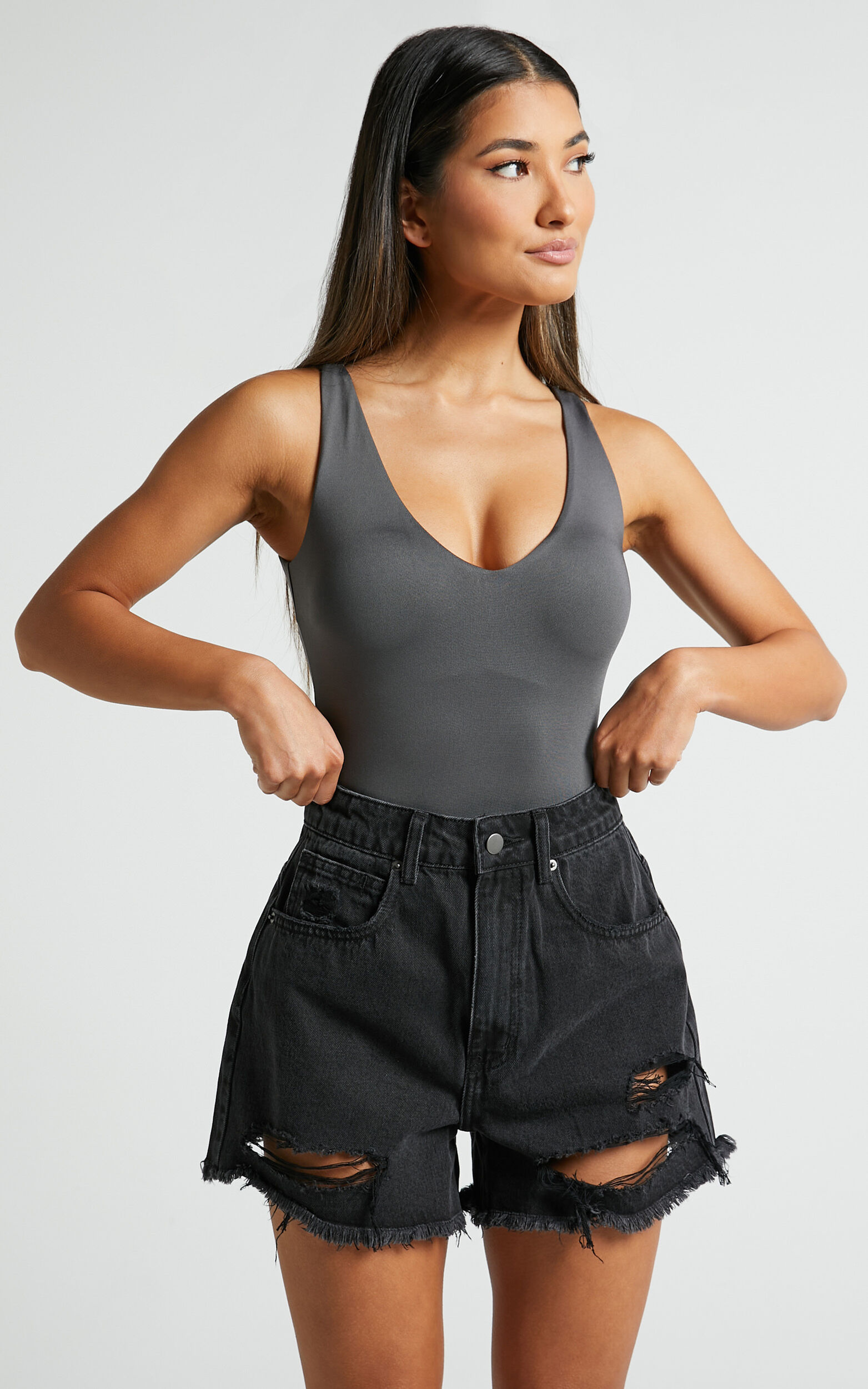 Kerrie Bodysuit - V Neck Bodysuit in Charcoal - 04, GRY1