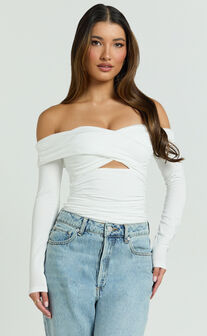 Dana Top - Off Shoulder Long Sleeve Ruched Fitted Top in White