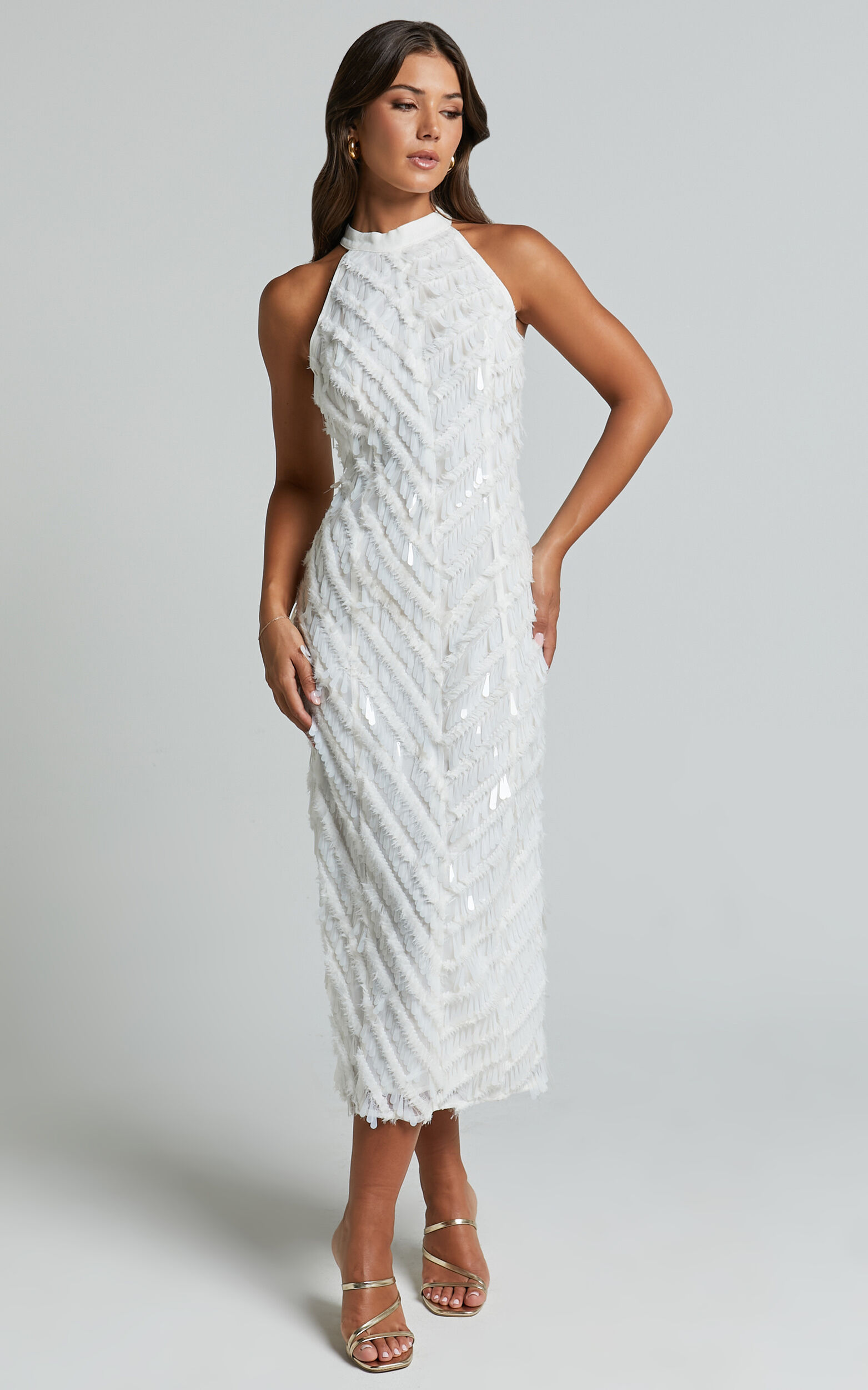 Maldivia Midi Dress - High Neck Sequin Dress in Off White | Showpo