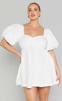 Vashti Mini Dress - Puff Sleeve Sweetheart Dress in Off White