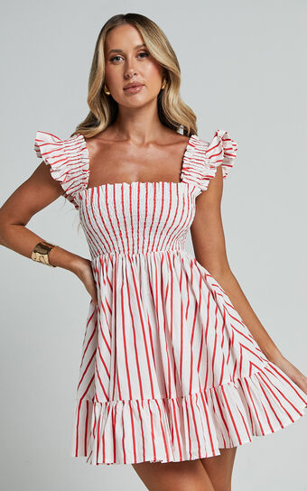 Brynlee Mini Dress - Elastic Chest Flutter Sleeve Hem Dress in Red Stripe