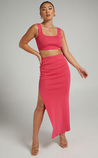 Matina Two Piece Set - Fitted Crop Top and Thigh Split Midi Skirt Ribbed Set in Hot Pink