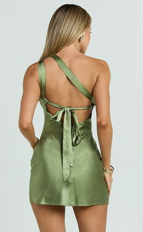 Zahra Mini Dress - One Shoulder Tie Back Dress in Deep Olive