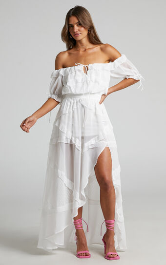 Deska Midi Dress - Tie Front Tiered Off Shoulder Dress in White