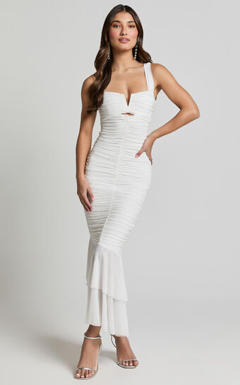 Kody Midi Dress - Bodycon Ruched Mesh Cut Out Dress in White