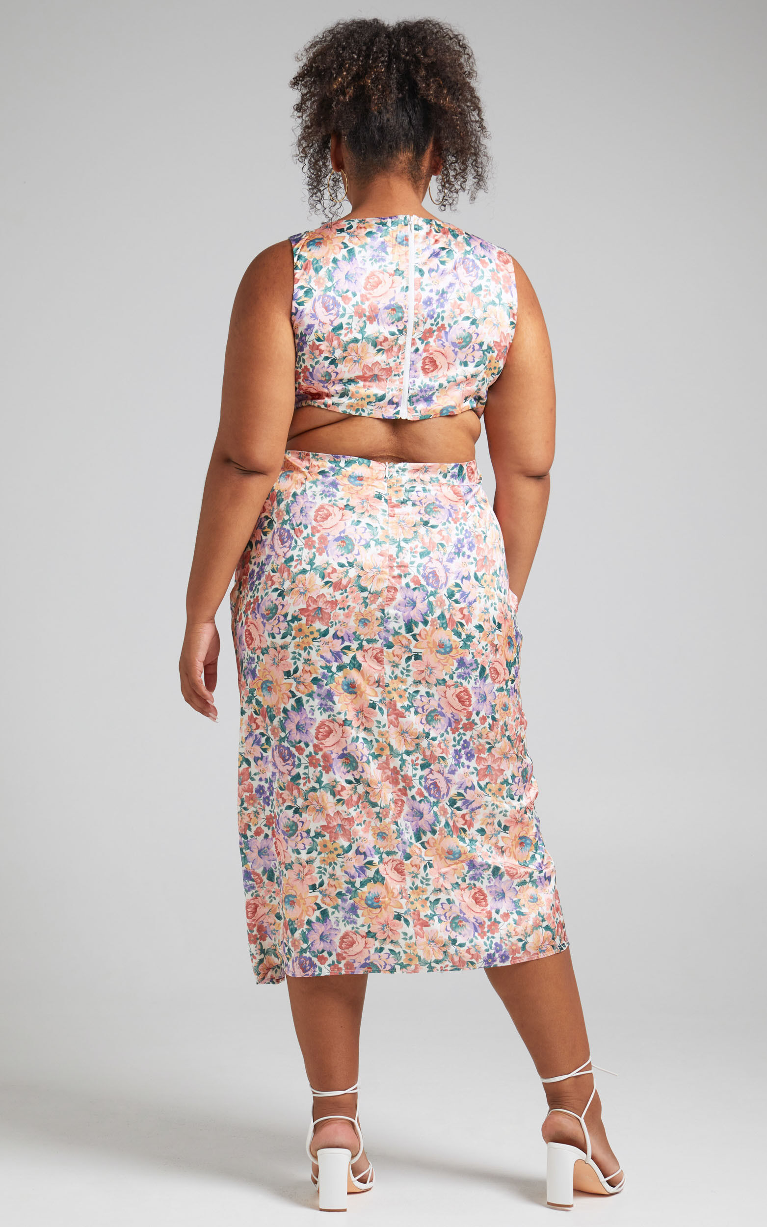 Stella Midi Dress Cut Out Waist Tie Front Dress in Secret Garden Showpo