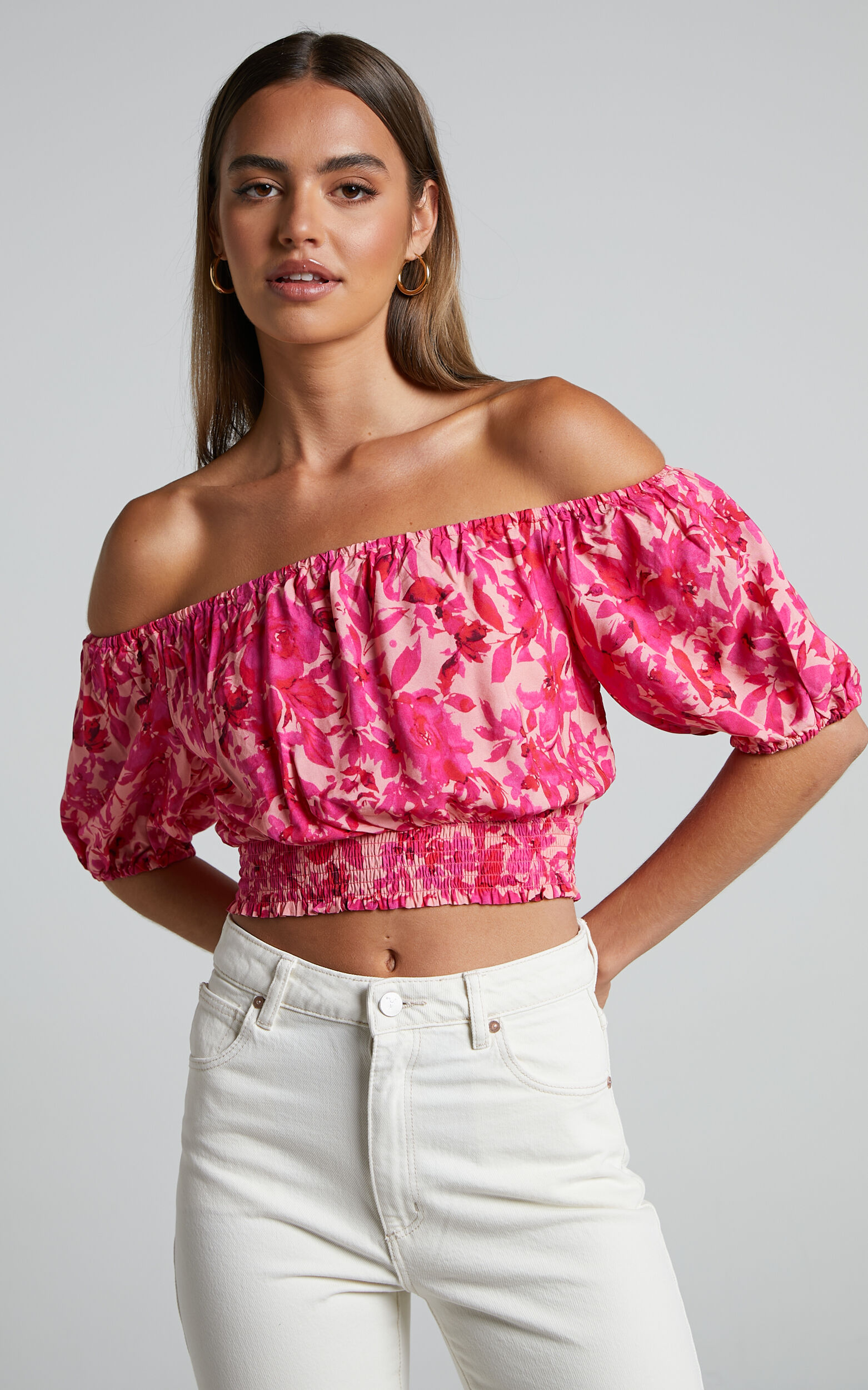 Pink floral off the cheap shoulder top