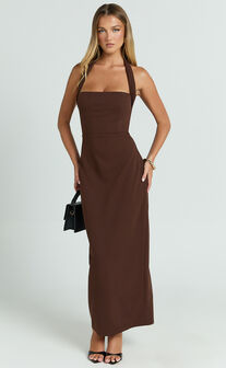 Salome Midi Dress - Halter Neck Column Dress in Chocolate