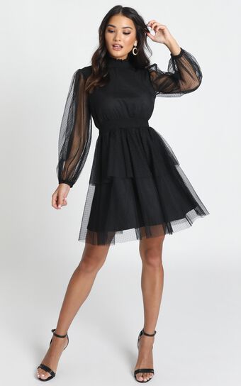 Selene Tiered Mesh Mini Dress In Black Spot