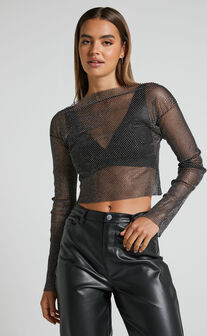 Skylae Top - Diamante Mesh Long Sleeve Crop Top in Black