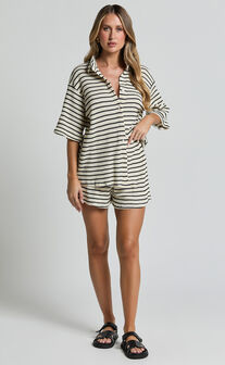 Dylan Two Piece Set - Striped Waffle Shirt and Short Set in Black & Cream Stripe