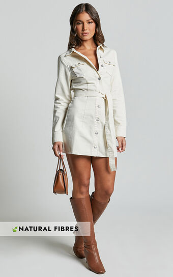 Enriquetta Mini Dress - Cotton Denim Long Sleeve Button Up Dress in Ecru