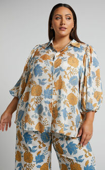Amalie The Label - Kimmella Linen Blend Puff Sleeve Shirt in Valencia Floral
