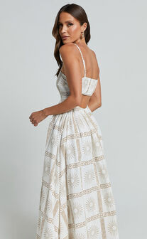 Abbey Maxi Dress - Strappy Straight Neck A Line Dress in White & Brown Sun Print