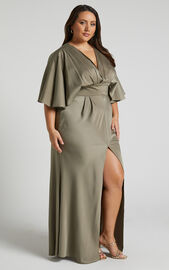 Gemalyn Midi Dress - Angel Sleeve V Neck Split Dress in Olive | Showpo