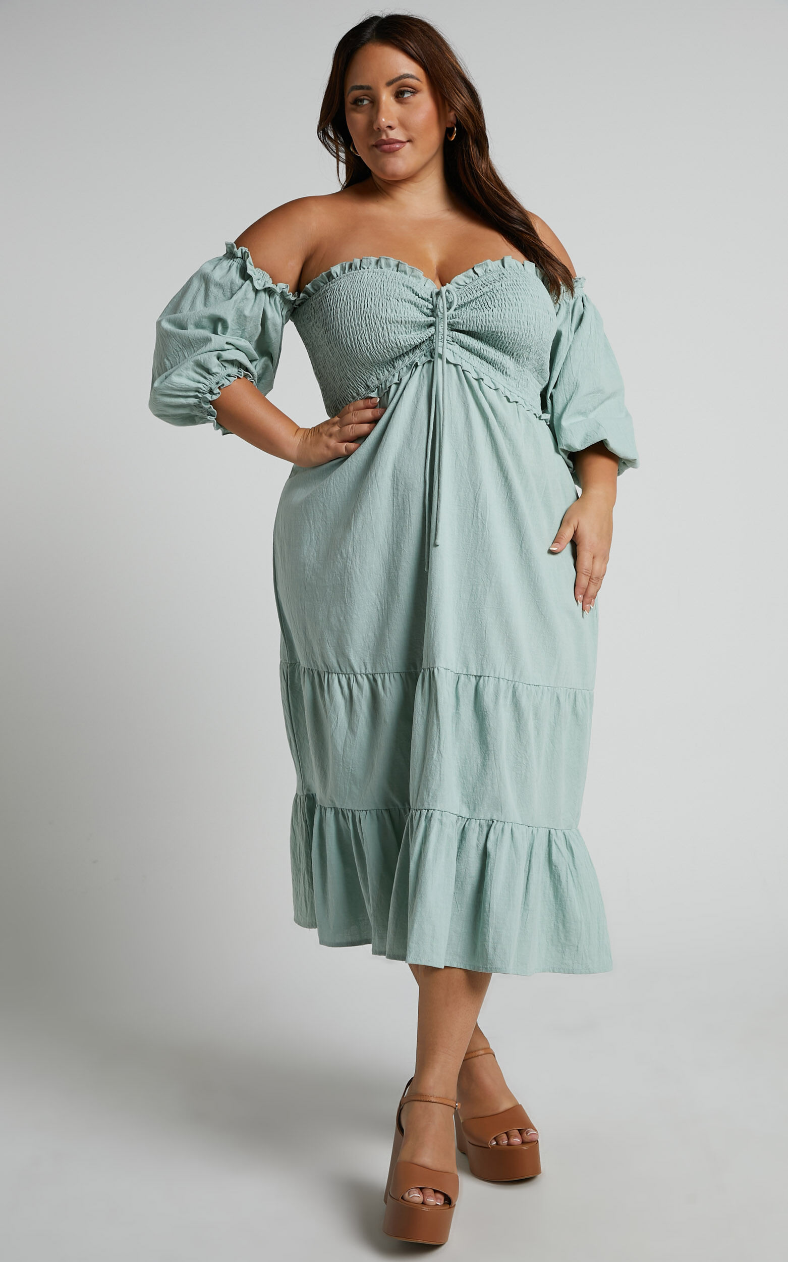 Nikka Midi Dress Shirred Off Shoulder Puff Sleeve Dress in Sage
