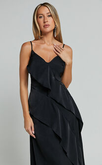 Eileen Midi Dress - V Neck Soft Ruffle Tiered Satin Dress in Black
