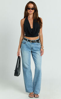 Britta Top - Cowl Neck Halter Crop Top in Black