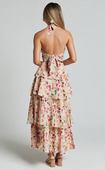 Cece Midi Dress - Halter Neck Layered Dress in Pink Floral