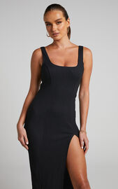 Wilder Midi Dress - Textured Thigh Split Bodycon Dress in Black | Showpo