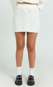 Marge Mini Skirt - High Waisted Cable Knit Mini Skirt in White
