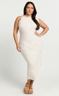 Jessenia Midi Dress - Linen High Neck Dress in Natural