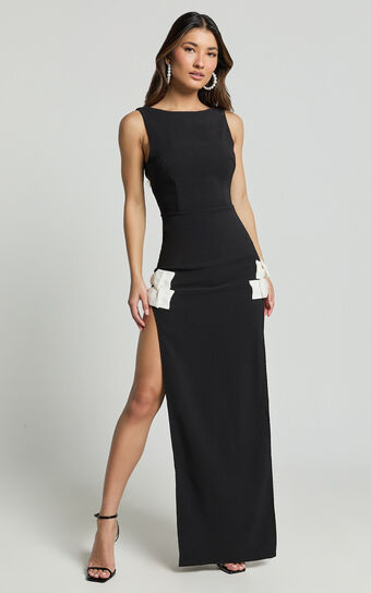Bernice Maxi Dress - Low Back Side Split Bow Detail Dress in Black