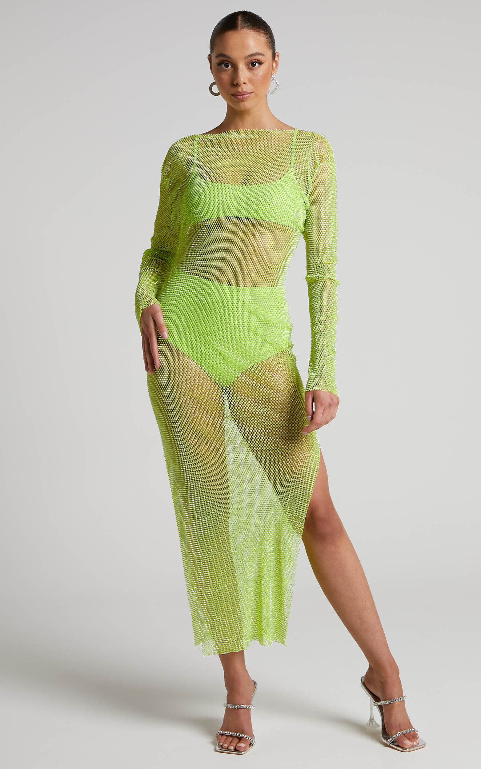 Karmen Midi Dress - Long Sleeve Split Diamante Mesh Dress in Lime - OneSize, GRN2