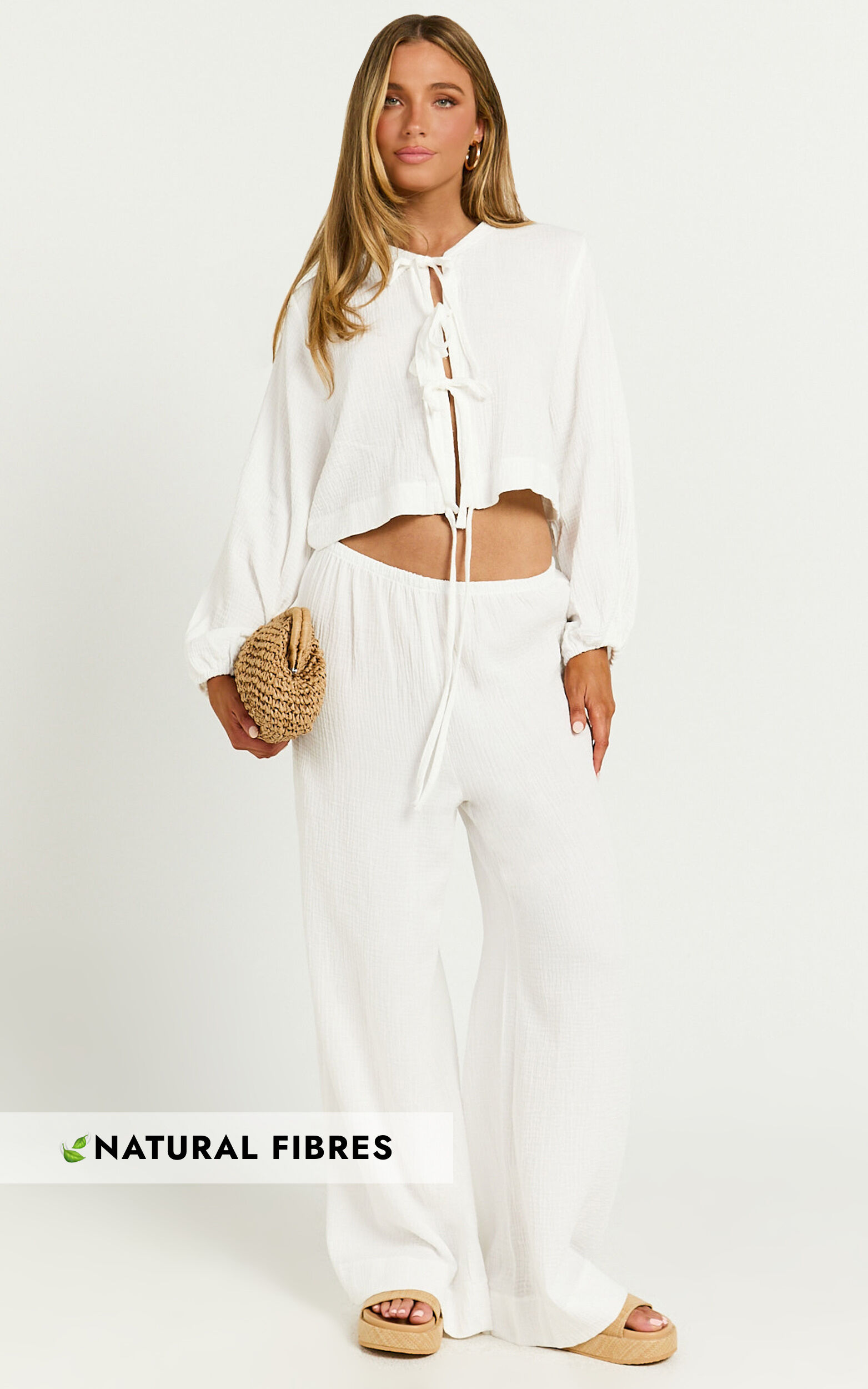 Korina Two Piece Set - Long Sleeve Tie Front Top and Elastic Waist Pant Set in White - S, WHT1