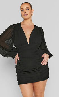 Hollis Mini Dress - Ruched Long Sleeve Plunge Neck Dress in Black