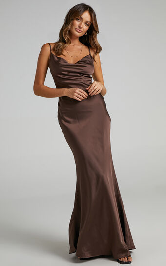 Lunaria Midi Dress - Cowl Mermaid Slip Dress in Chocolate Satin