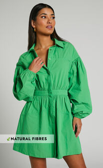 Adanny Mini Dress - Long Puff Sleeve Shirt Dress in Green