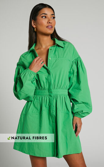 Adanny Mini Dress - Long Puff Sleeve Shirt Dress in Green