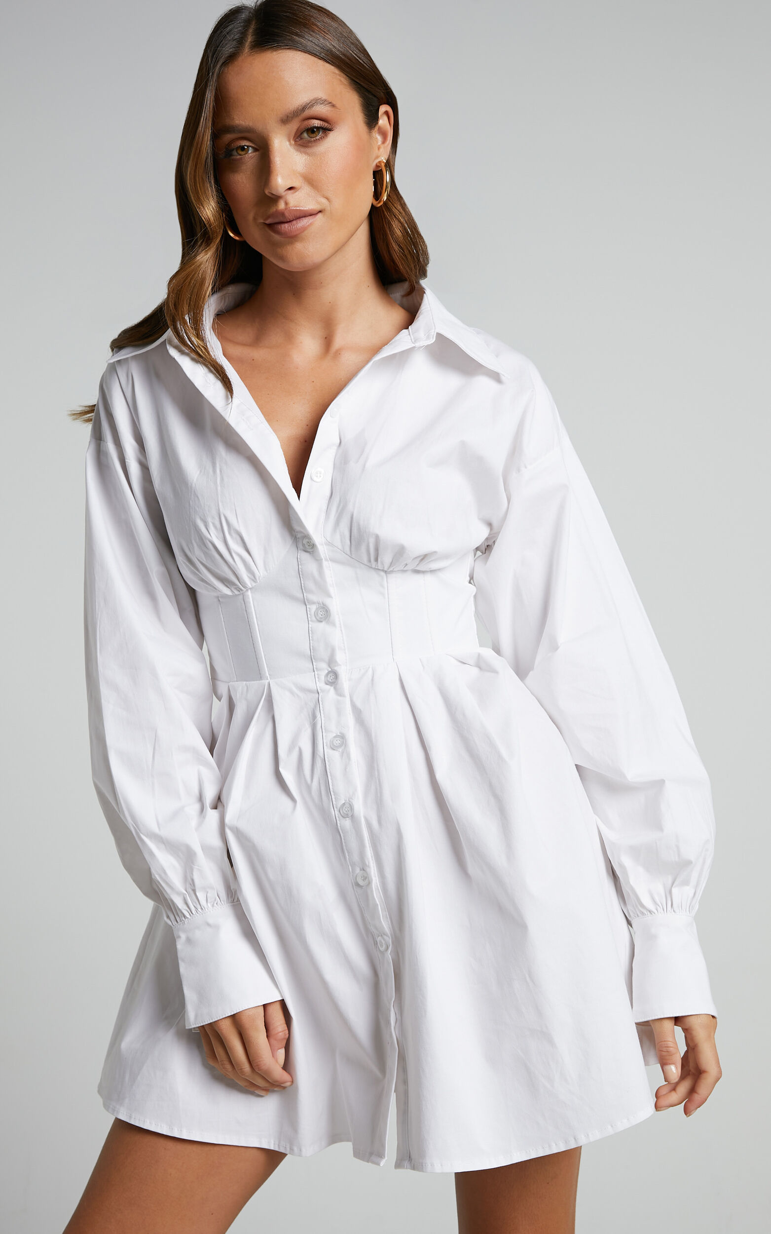 Claudette Mini Dress - Long Sleeve Corset Shirt Dress in White | Showpo USA