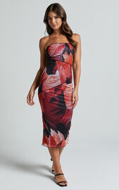 Brunetta Midi Dress - Strapless Mesh Dress in Peach and Black Floral ...