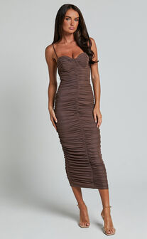 Leanor Midi Dress - Mesh Ruched Bustier Bodycon Dress in Chocolate