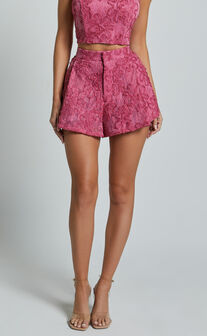 Cybill Shorts - Floral Detail Full Hem Shorts in Pink