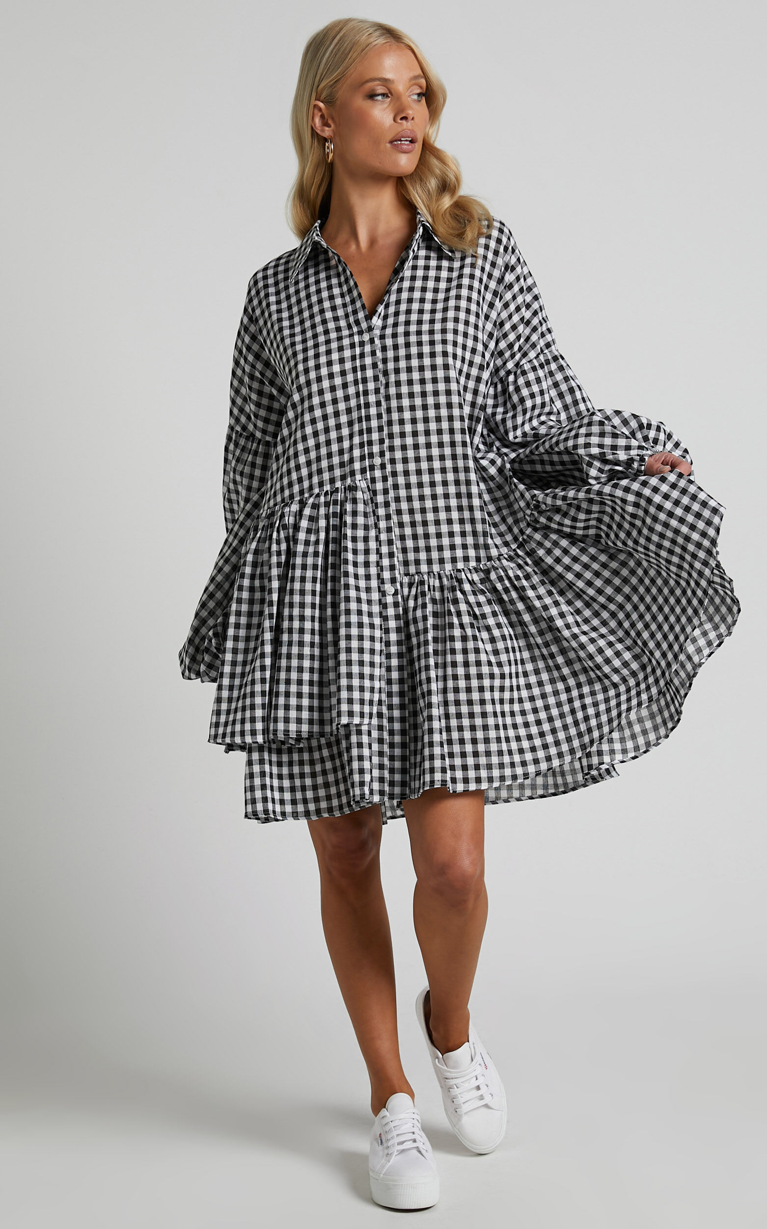 Brielle Mini Dress Button Up Collared Tiered Smock Dress in