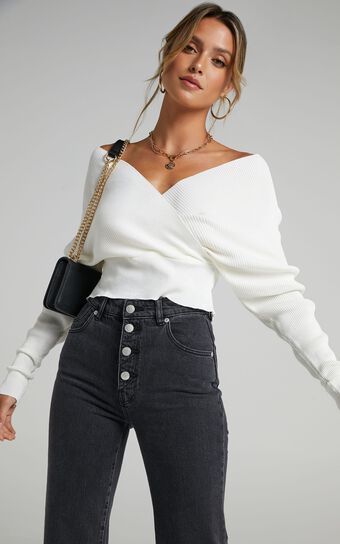 Petra Top - Long Sleeve Wrap Ribbed Knit Top in Cream