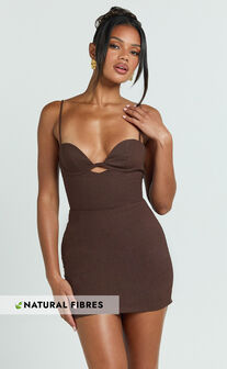 Frances Mini Linen Blend Dress - Ruched Lace Up Back Dress in Chocolate